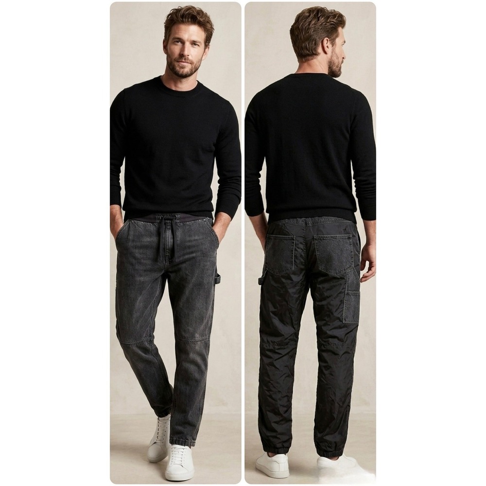 FRAME Mens Mixed Media Denim Tech Joggers Washed Noir Black Size Large